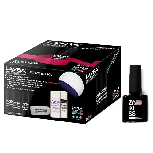 LAYLA LAYBA GEL POLISH STARTER KIT - 2 Layba Colorati 5ml- Base & Top Coat lucidante 5ml - Sgrassante 70ml - Solvente 70ml - Buffer - Lampada Led 36W + Omaggio Sempermanente 10 ml