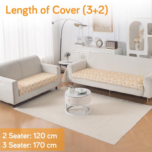 Image of HOKIPO Sunlit Butterfly Quilted Sofa Cover 5 Seater Set with Tassels - Washable 3+2 Sofa Cover Mat |'Tassel Twigs' Series (IN-985-T3 + IN-983-T3)