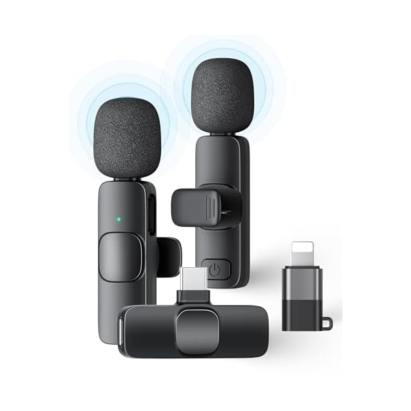 2 Pack Wireless Lavalier Microphone for iPhone iPad and Android Phone, Lapel Mic Plug and Play Wireless Mic Noise Reduction Microphone for Video Recording Interview Podcast Vlog YouTube Tiktok