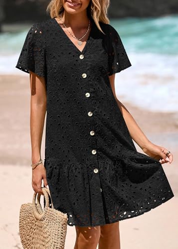 Image of KIRUNDO Eyelet Dresses for Women Button Down Mini Babydoll