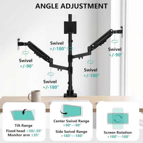 Image of WALI Triple Monitor Mount, up to 49'' Ultrawides on Top Bracket and 34'' Screens on Side Brackets, Extra Tall 3 Monitors Desk Mount, Heavy Duty Monitor Arm up to 44 lbs (GSDM003N-P), Black