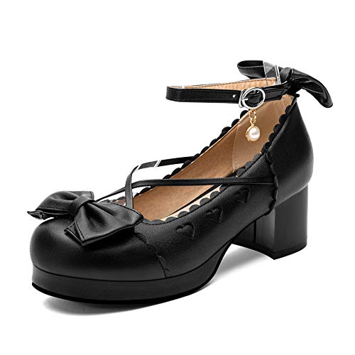 100FIXEO Women's Goth Platform Mary Jane Chunky Heels Kawaii Round Toe Ankle Strap Double Bow Cross-Tied Dress Pumps