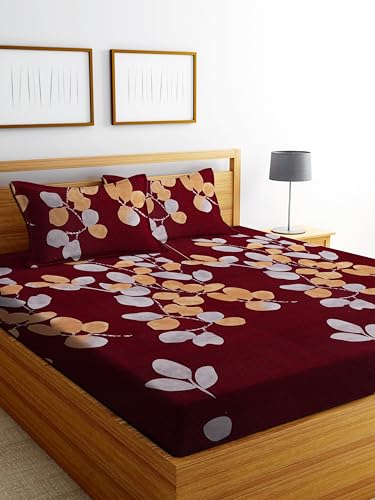 Image of DECORUM Glace Cotton Fitted 1 Bedsheet King Size (72 inchx78 inch) | All Around Elastic | Cotton Feel | 2 Pillow Covers (17 inchx27 inch) | Fits Up to 8 inch Mattress | 200-220 TC | Printed Double Bed Sheet Set