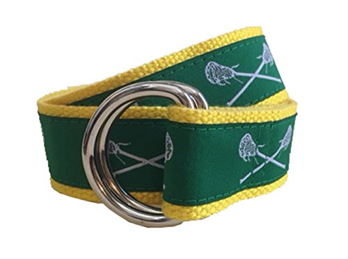 Men's Green and White Lacrosse D-Ring Belt, Green and White Lacrosse Ribbon on a Yellow Webbing