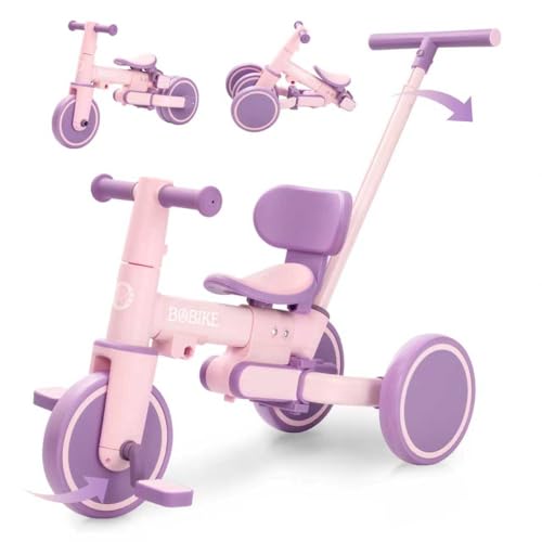 Toddler Bike with Push Handle,Tricycles for 1 to 3 Years Old, Toddler Tricycle with Push Handle for Boy Girl, Baby Balance Bike with Adjustable Seat Height and Removable Pedal (Deep Purple)
