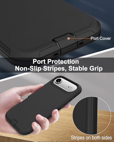 Image of for iPhone Air Case with Port Cover, Rubber Matte Finish, Black | 3-Layer Heavy Duty Armor, 16ft Drop Protection, Non-Slip Shockproof & Anti-Fingerprint