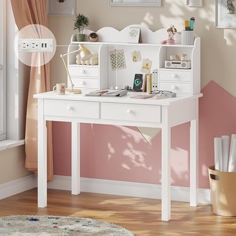 ADORNEVE Small White Writing Desk with Hutch and USB Ports Cover