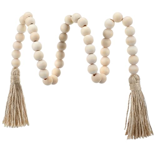 Boho Decor Wood Beads Garland Wood Bead Garland With Tassels Farmhouse Wall Hanging Decorations Natural Wooden Tassel Decorative Room Hanging for Coffee Table Christmas And Prayer(Wood Color 50inch)