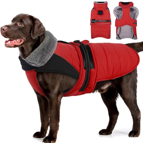 Image of MIGOHI Comfortable Large Dog Coat - Waterproof Dog Coat with Reflective Strips,Windproof XXL Dogs Jacket with Warm Turtleneck, Snow Coats for Large Dogs,Labrador Golden Retriever,2XL,RedBlack