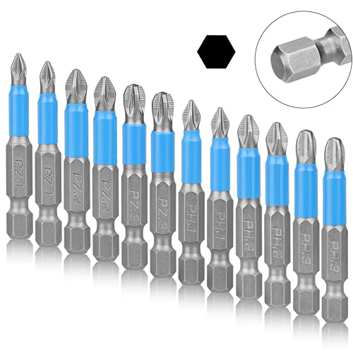 SUNJOYCO 12pcs Magnetic Anti Slip Screwdriver Bits Set, 1/4" Hex Shank 50mm Phillips Screwdriver Bits Set(PH1, PH2, PH3, PZ1, PZ2, PZ3) S2 Alloy Drill Screwdriver Bits for Impact Driver