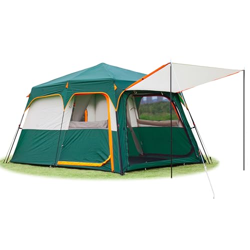 KTT Instant Tent 6 Person A,Large Family Cabin Tents,Automatic Tent Build Quickly in 60S,2 Rooms,2 Top Windows,3 Doors and 3 Windows with Mesh,Waterproof,Big Tents for Outdoor,Picnic,Camping(Green)