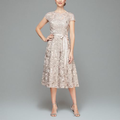 Image of Alex Evenings Women's Tea Length Dress with Rosette Detail (Petite and Regular)
