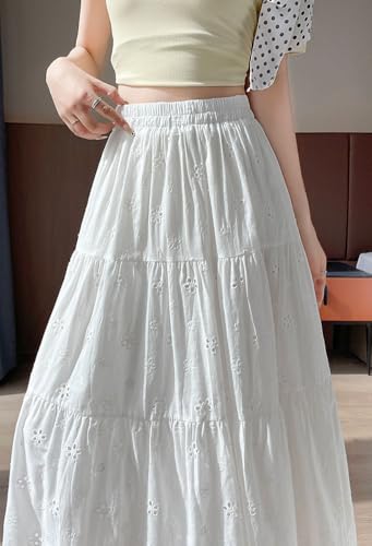 chouyatou Women's Boho Lace Embroidery Eyelet Swing Skirt High Elastic Waist Ruffle Tiered Long Skirt3