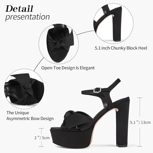 Black Platform Heel Sandals for Women 5.1 Inch Chunky Block High Heel Womens Open Toe with Bow Ankle Strap Wedding Party Dress Sandals2