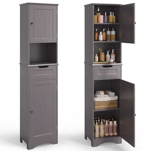 Blishom Badezimmerschrank, Hochschrank Badezimmer, Badschrank mit Schublade, verstellbare Ablagen, offenes Fach, 40 x 30 x 170 cm, Grau