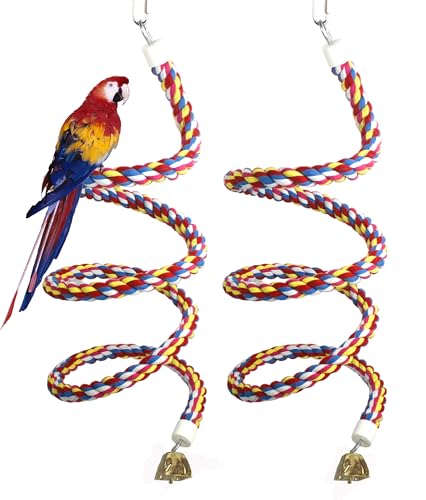 Image of 2PCSx 79inch(200cm) Bird Spiral Rope with Golden Bell Perches Birdcage Swing Toys 100% Cotton Natural Bird Perch Peck /Chewing Climbing Standing Bungee Parrot Toys for Regular to Large Size Parrot