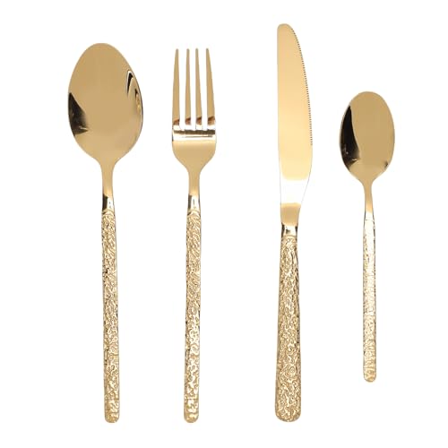 Neiyty Juego de Cubiertos de Acero Inoxidable para 6 Personas, Juego de Cubiertos de Calidad Alimentaria 18/10 con Acabado Pulido, Apto para Lavavajillas para Uso Doméstico en (Patrón De Piedra Oro)