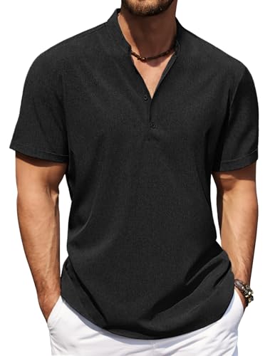 COOFANDY Men's Casual Henley Shirt Short Sleeve Band Collar Shirt Summer Beach Hippie Vacation T Shirt with Button