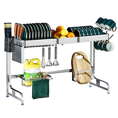 Escurridor de platos sobre el fregadero, estante escurridor de platos de acero inoxidable 304 de 2 niveles de gran capacidad, estante de secado de platos con soporte para utensilios y ganchos