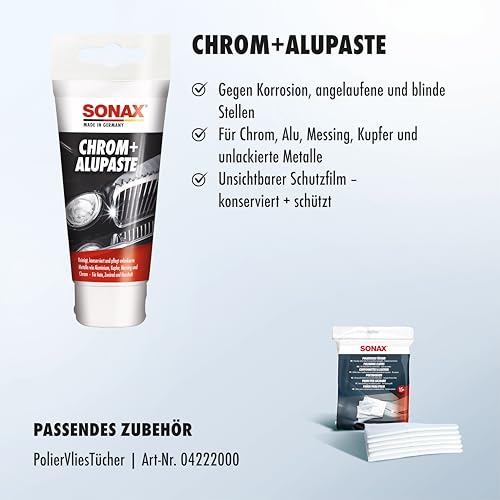 SONAX Chrom+AluPaste (75 ml) poliermittelhaltige Pflegepaste zur Beseitigung von Korrosion, angelaufenen und blinden Stellen | Art-Nr. 03080000