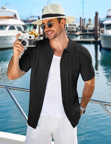 COOFANDY Men's Knit Short Sleeve Shirts Button Down Vintage Knitted Polo Shirt Casual Beach Crochet Cable Vacation Shirt - Image 3