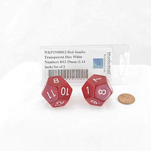 Red Jumbo Transparent Dice with White Numbers D12 29mm (1.14 inch) Set of 2 Wondertrail