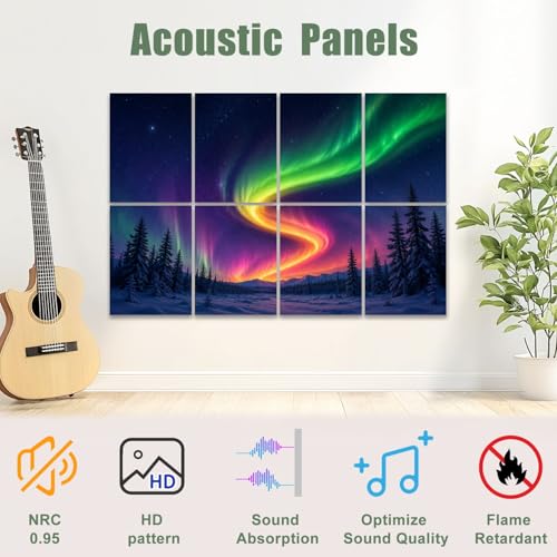 8 Paneles Acústicos Decorativos Auto Adhesivos Pack 8, Absorbentes de Sonido, Motivo Bosque Nevado y Auroras Boreales, 48"x32" miniatura 3