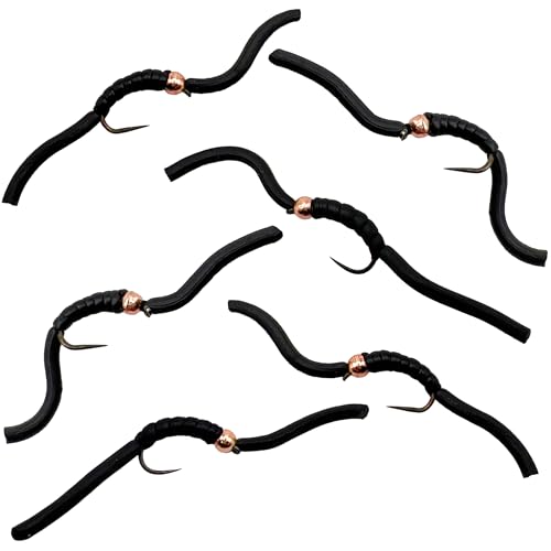 Thor Outdoor 6 Pc Squirmy Wormy Set, Black Size #12 - Barbless Wet Worm Fly Fishing Flies for Trout, Panfish, Bass