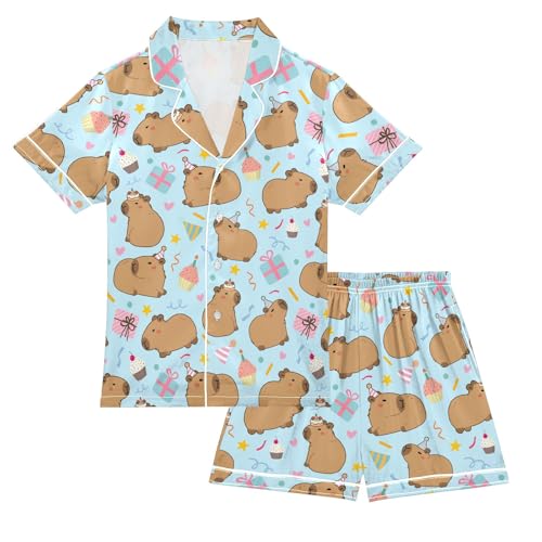 Cute Capybara Birthday Party Pattern Summer Satin Pajama Set, Cute Button-Down Sleepwear Pj Set for Sleep Wears