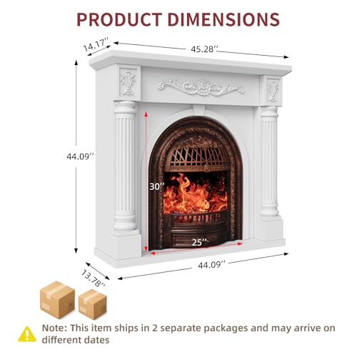 Image of 45 Inch Electric Fireplace with Mantel, Solid Wood Fireplace TV Stand, Roman Column Fireplace Entertainment Center, Electric Fireplace Heater with Bronze Birdcage Insert for Living Room, White