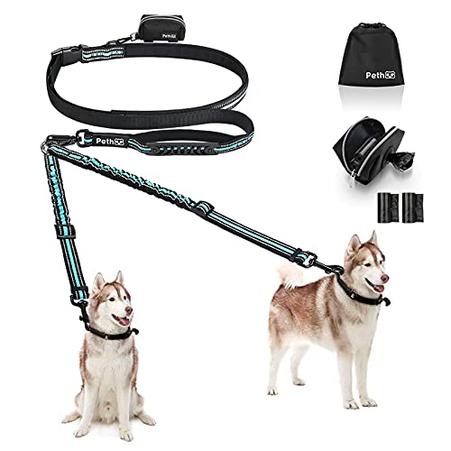 Pethee Doppelte Leinen Freihandleinen für 2 Hunde 50 KG - Ablösbar & Reflektierend & 66-84in Einstellbar - Stoßdämpfend Führleine Hund, Keine Verwicklung Doppelleine mit Hüfttasche (Blau) Cover