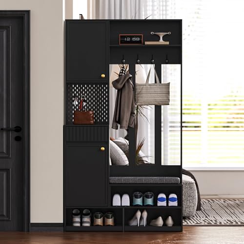Merax Flurgarderobe Garderobenschrank Flur, Garderobe mit Sitzbank, Schuhschrank, praktische Lochwand, 4 Haken, Schließfach, Schublade, Garderobenständer für Eingangsbereich, 100×35×180cm, Schwarz