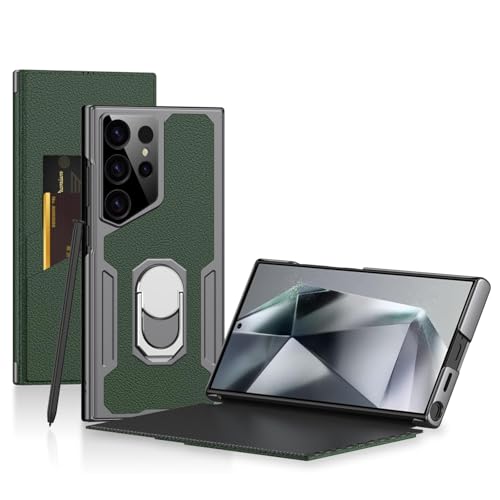 Image of Midkart Leather Flip Case Compatible with Samsung Galaxy S23 Ultra with Ring Holder Kickstand Card Holder Inner Hard PC Full Body and Camera Protection Case, Green