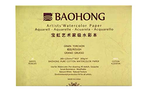 BAOHONG Artists' Watercolor Block, 100% Cotton, Acid-Free, 140LB/300GSM, 20 Sheets per Block (Rough Grain 4.9