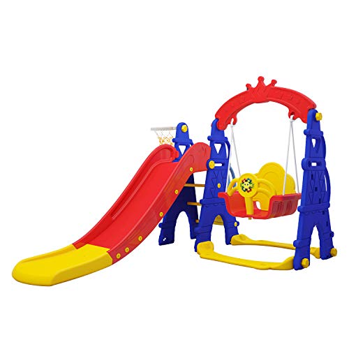 TR LAYNE Indoor Kids 4 Function Slide, Baby Swing. Toys for Toddlers Indoor Slide, Basketball, Swing and Music. Plastic Playground Slide for Toddler. Toddler Climber Indoor Playhouse. (Colorful)