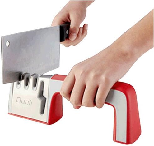 Dunli 4 in 1 Knife and Scissors Sharpener : Wolfram Steel,Emery,Ceramic Notch for Sharpening Straight Blades from Blunt to Razor Sharp (Red)