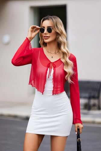 Image of Avidlove Womens Sheer Shrug Tie Front Long Bell Sleeve Mesh Bolero Lightweight Summer Casual Short Shawl Top