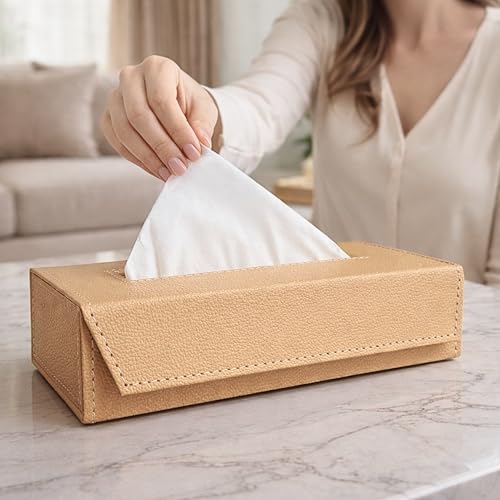 Image of LEEZEL| Tissue Box Holder with 100 Pulls Cotton Rags Tissue | Handcrafted Fine Leather - Like Finish | for Gifting, Office Desks, Cars & Home Decor | Durable & Water Resistant. (Beige)