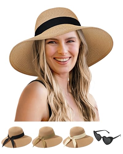 Senker Fashion Sun Hats for Women Wide Brim Straw Floppy Hat for Beach Summer Vacation Garden Packable Roll Up UPF 50+ Khaki