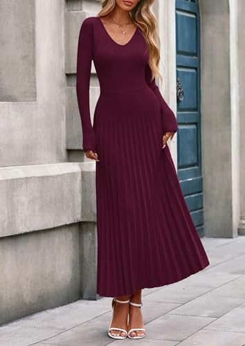 PRETTYGARDEN Women Sweater Dress Fall Fashion 2025 Long Sleeve V Neck Ribbed Knit Pleated A Line Elegant Maxi Winter Dresses3