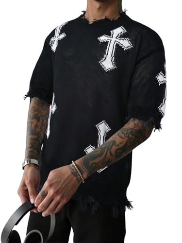 Men's Goth Punk Ripped Sweater Short Sleeve Crew Neck Cross Graphic Knit Tops