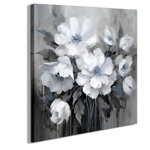 Bathroom Wall Art,Flower Wall Art,Canvas Wall Art,wall Art Gray and White and Blue Flower Wall Art-Floral Canvas Wall Art, Bedroom Office Flower Wall Art Decoration,18