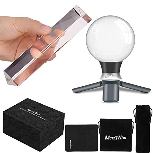 MerryNine 2 Pack K9 Crystal Photography Kits, 80MM Lens Crystal Ball and 150MM Prism with Mini Tripod, Universal Camera Interface Metal Base and Pouch, for Teaching Light Spectrum Art Decor