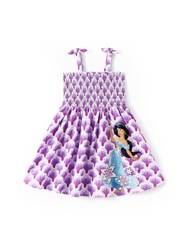 Disney Princess Jasmine Toddler Girl Dress Purple Teal Character Print Smocked Sundress Bow Tie Straps Birthday Park School Summer Outfit Clothes 4-5T