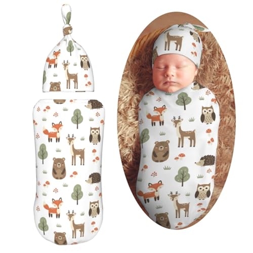 Image of Muishi Cute Animals Fox Bear Deer Newborn Swaddle Blankets Hat Sets Soft Baby Receiving Blanket Swaddle Sack for Baby Shower Infant Boy Girl Gift