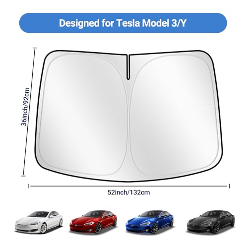 ZATOOTO Osłona przeciwsłoneczna na przednią szybę samochodu do Tesla Model Y Model 3, osłony przeciwsłoneczne na przednie okno, składana osłona przeciwsłoneczna na przednią szybę do Tesli, blokuje
