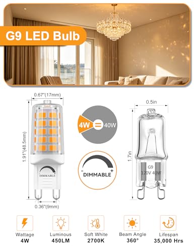 Image of BAOMING G9 LED Bulb Dimmable 4W T4 2700K Soft Warm White 5Pack 120V | 40 Watt G9 Halogen Equivalent 450LM No-Flicker 360Beam Angle for Crystal Chandelier Wall Sconce Home Light