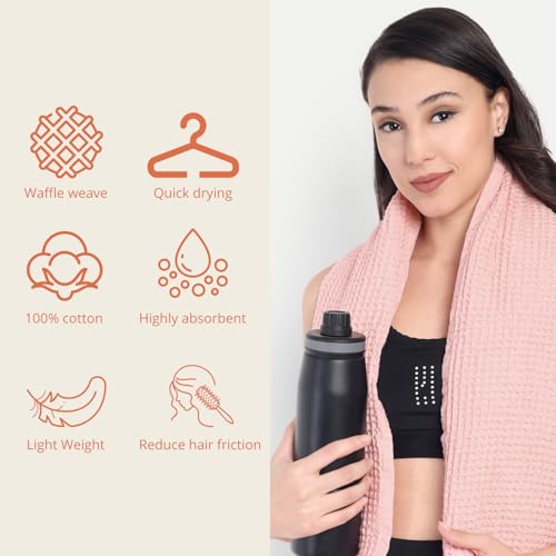 Image of HAMELIN The Ezra Waffle Hand Towel | Pure Cotton Lightweight Anti Microbial & Water Absorbent | Softer Touch Quick Drying Towels | Durable & Long Lasting | Pink | 70 cm x 43 cm | Pack of 1