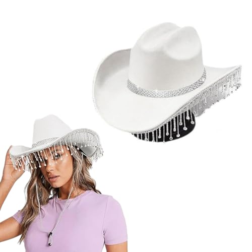 Vacation Hats Tassels Hand Beading Crystal for Girl for Carnivals Music Festival White2