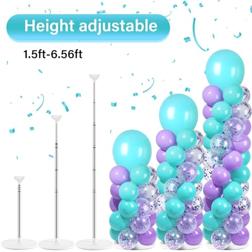 Image of 2 Sets Pink Purple Blue Balloon Column Stand Kit with 100 Balloons Adjustable Balloon Tower Stand with Bases for Floor Confetti Balloons Column Kit for Summer Mermaid Graduation Birthday Party Decor